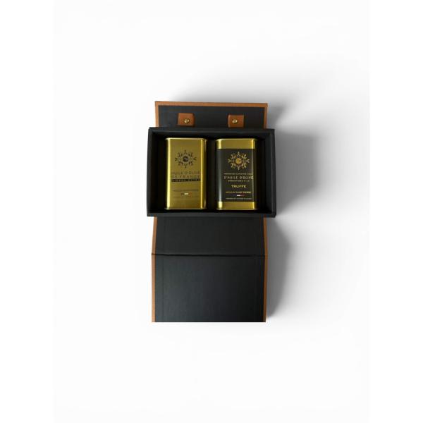 Coffret 2 bidons huiles d'olive arbequine et truffe