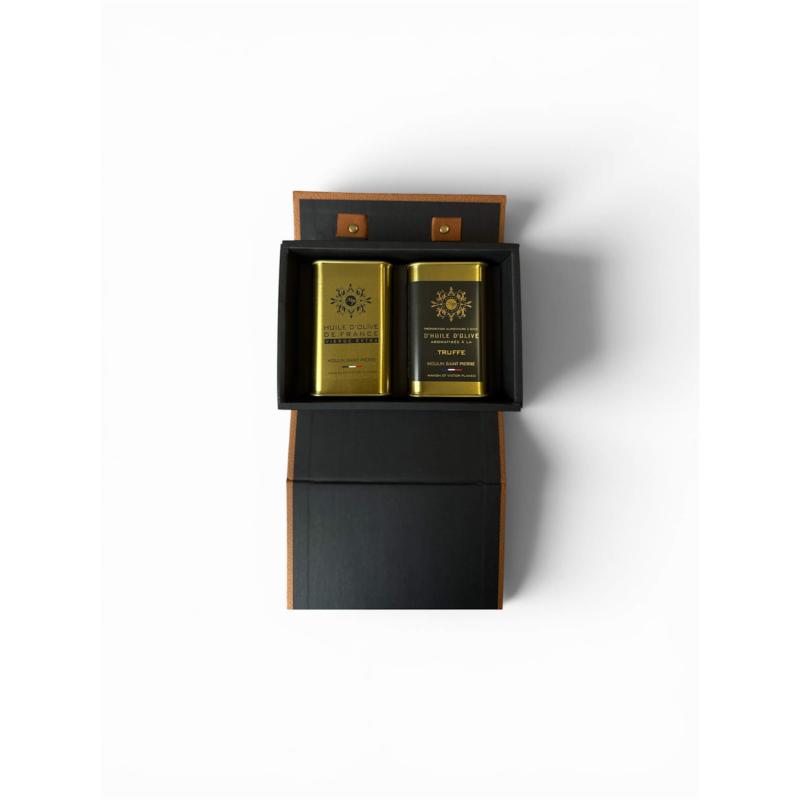 Coffret 2 bidons huiles d'olive arbequine et truffe